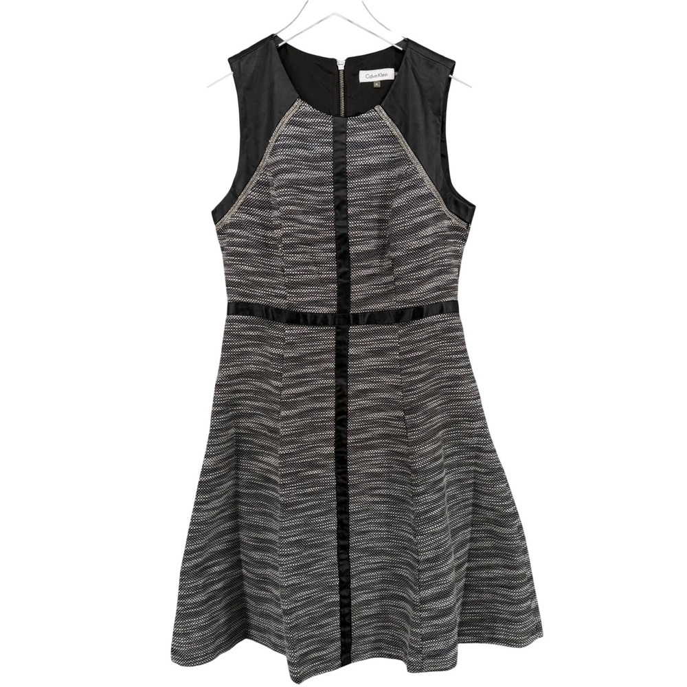 Calvin Klein Womens Tweed Faux Leather Trim Chain Detail Dress Black White 8